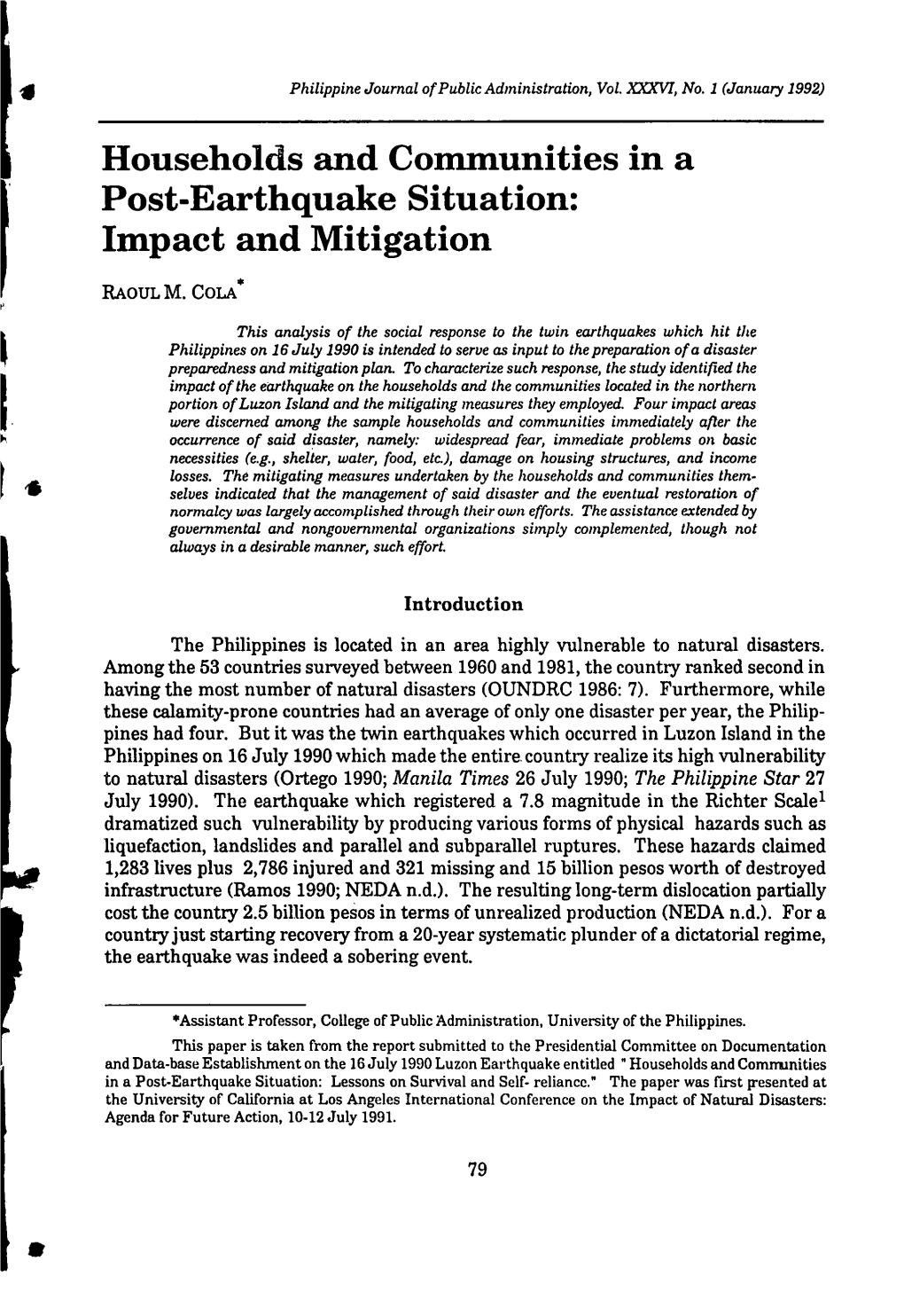 Households and Communities in a Post-Earthquake Situation: Impact and Mitigation