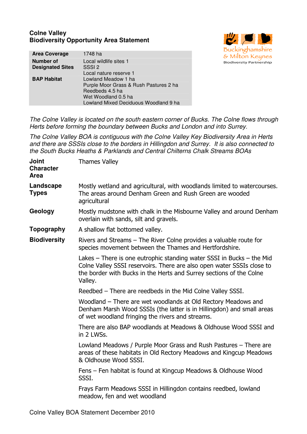 Colne Valley BOA Statement December 2010 Colne Valley