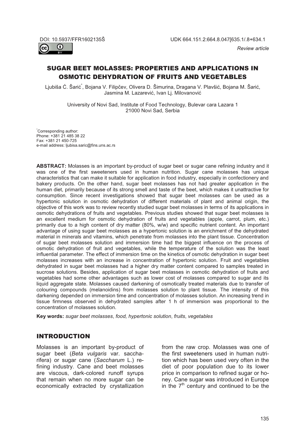 Sugar Beet Molasses: Properties and Applications in Osmotic Dehydration