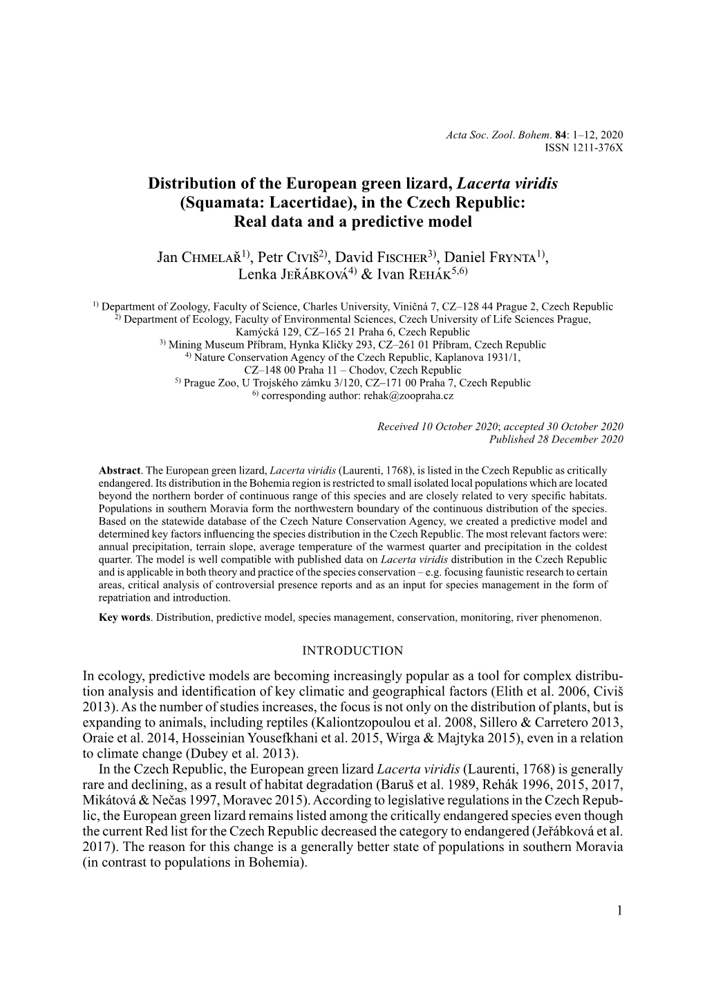 Distribution of the European Green Lizard, Lacerta Viridis (Squamata: Lacertidae), in the Czech Republic: Real Data and a Predictive Model