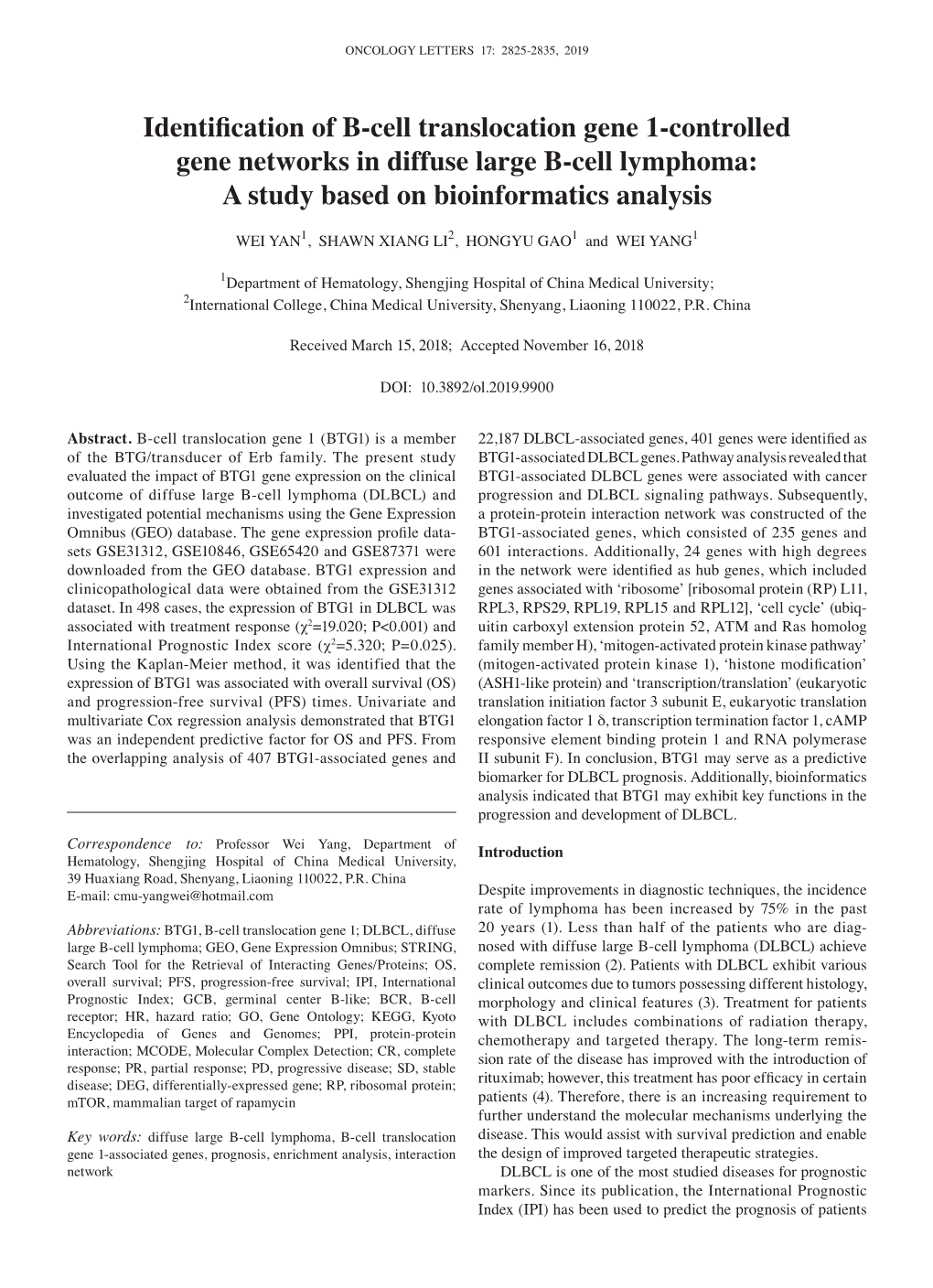 Identification of B‑Cell Translocation Gene 1‑Controlled Gene Networks in Diffuse Large B‑Cell Lymphoma: a Study Based on Bioinformatics Analysis