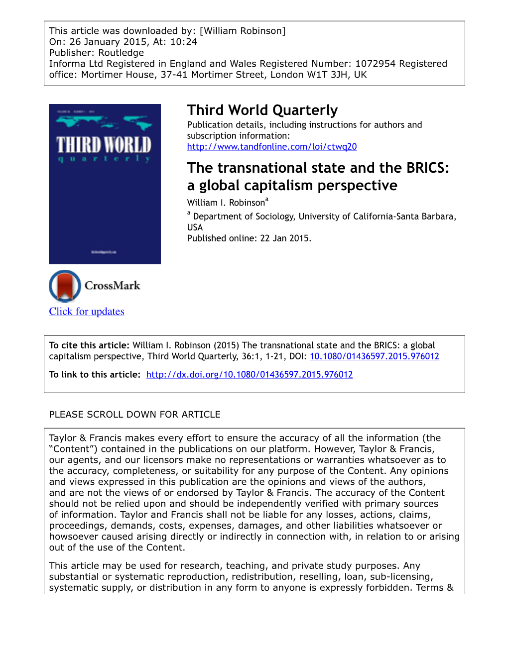 Third World Quarterly the Transnational State and the BRICS