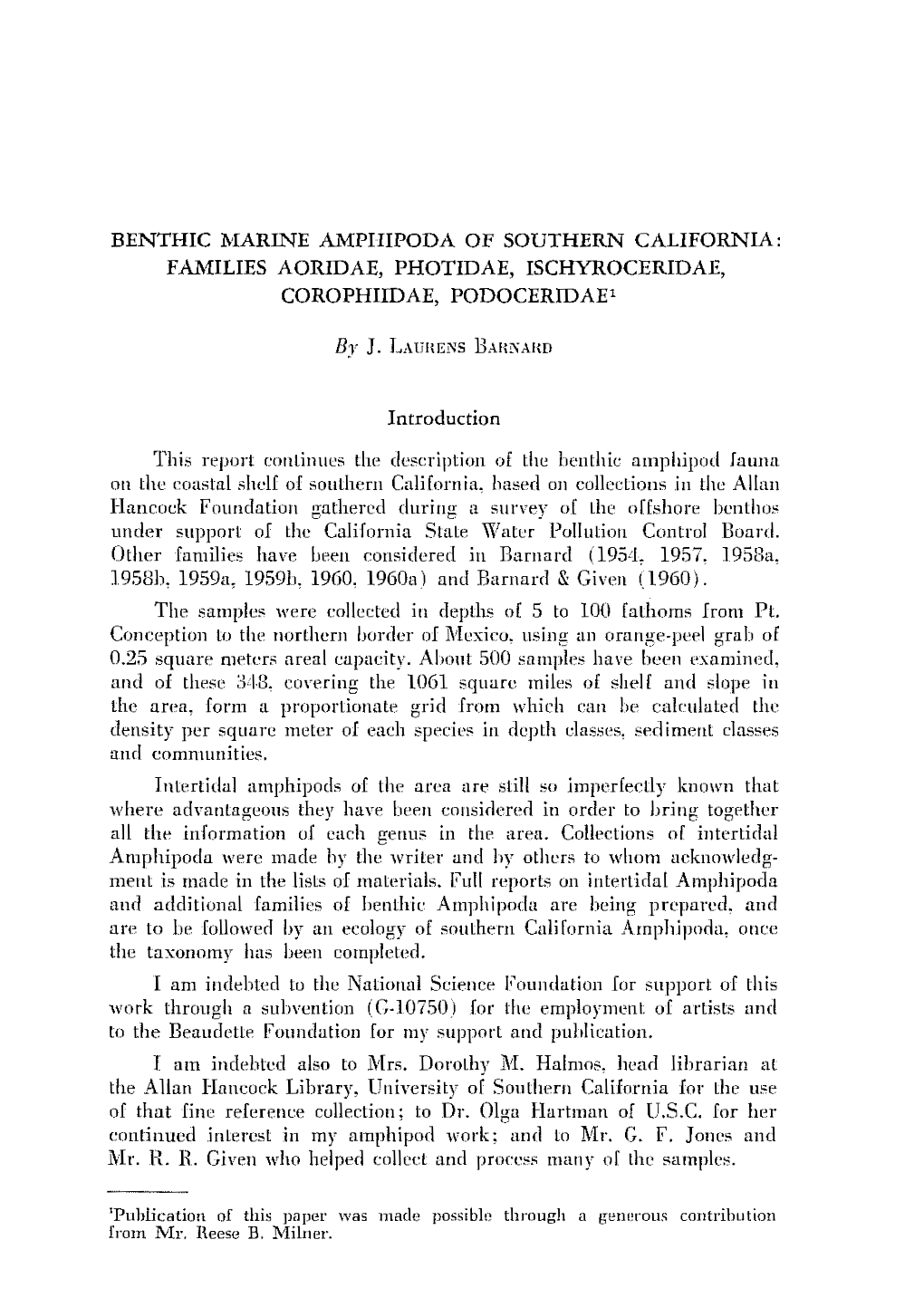 Benthic Marine Ampiiipoda of Southern California: Families Aoridae, Photidae, Ischyroceridae, Corophiidae, Podoceridap