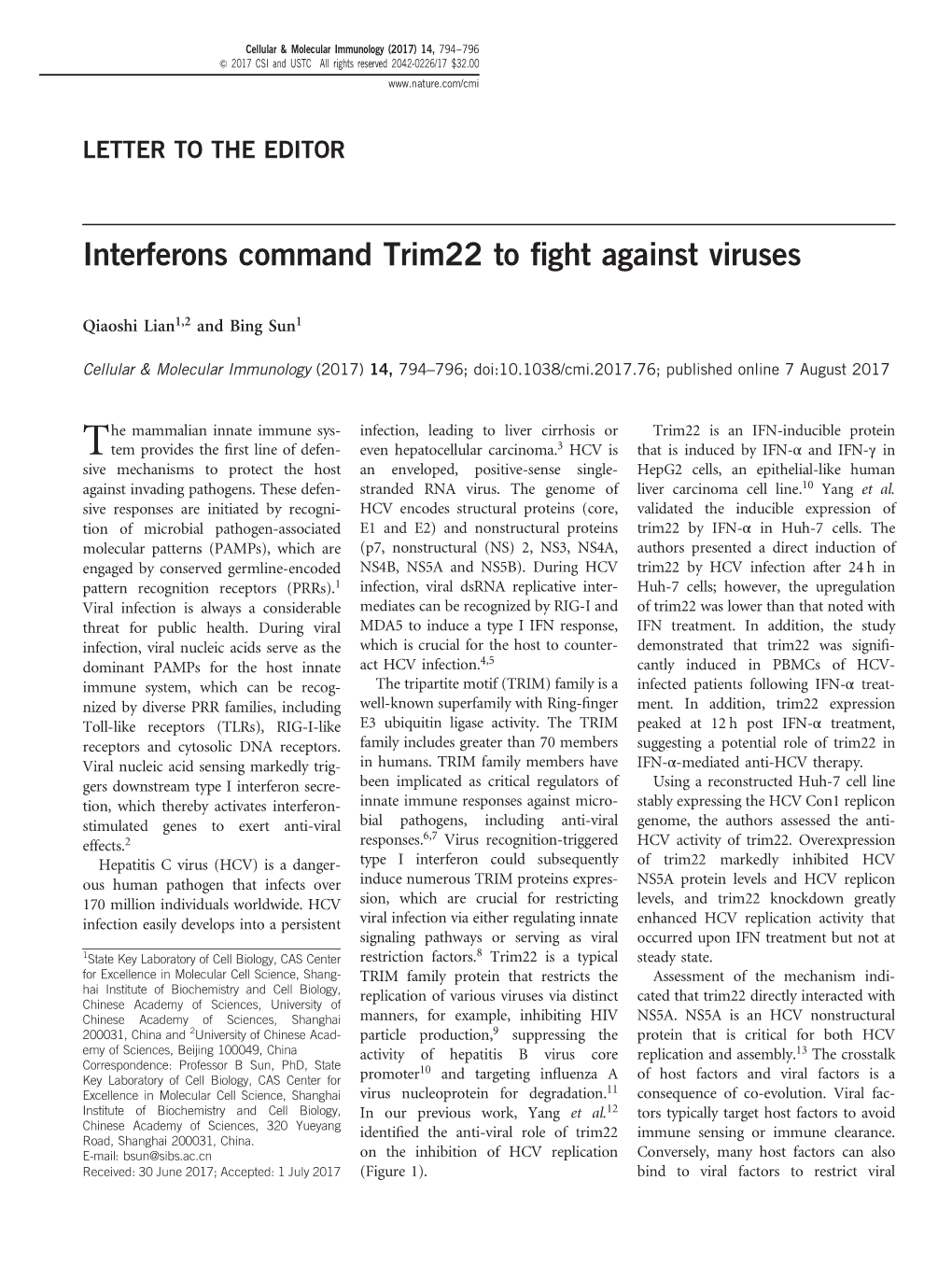 Interferons Command Trim22 to Fight Against Viruses