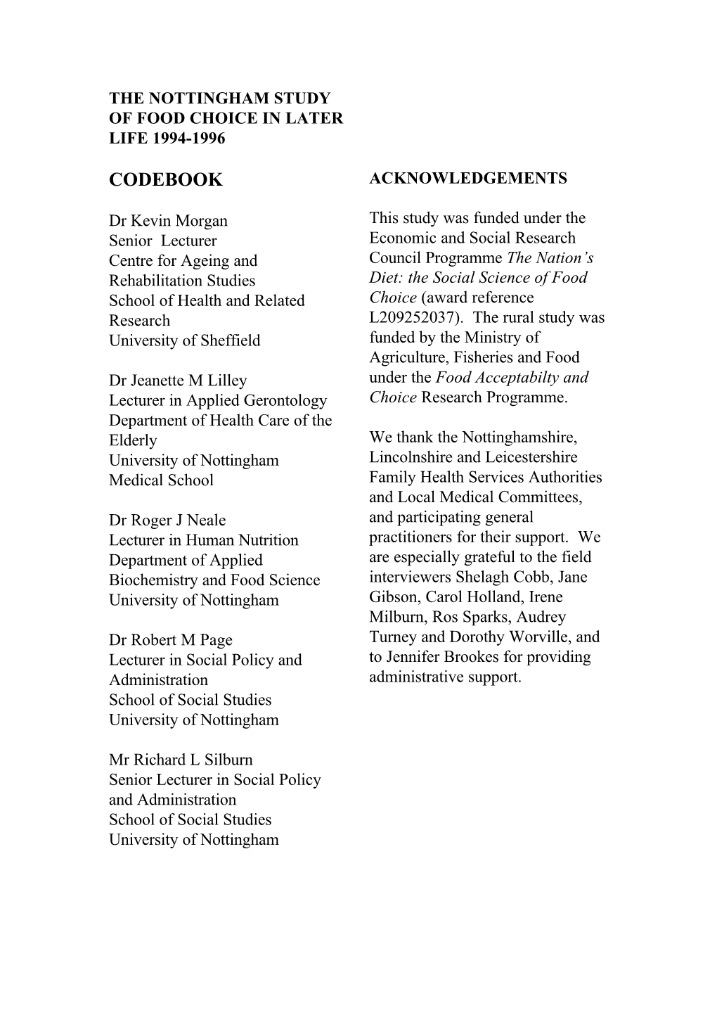 Codebook Acknowledgements