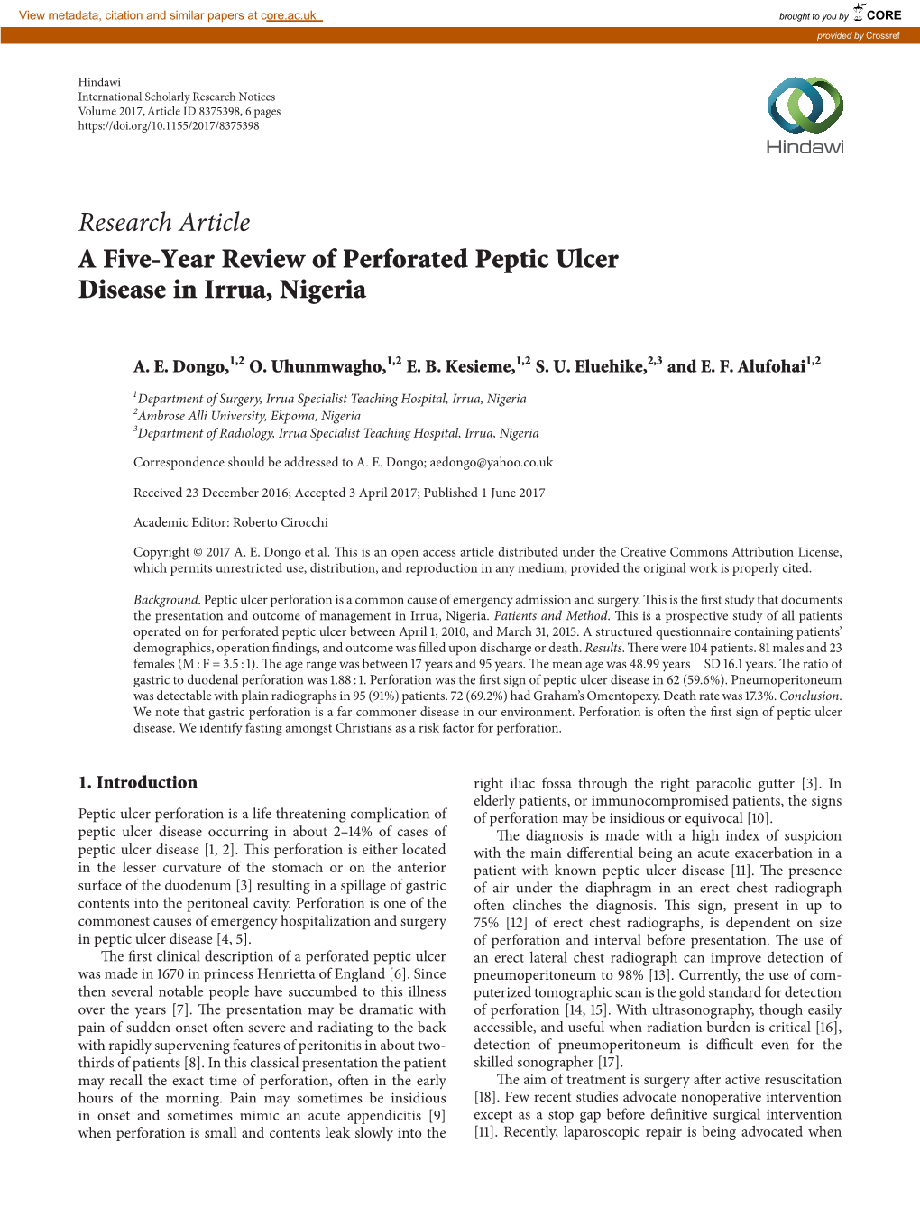 Research Article a Five-Year Review of Perforated Peptic Ulcer Disease in Irrua, Nigeria