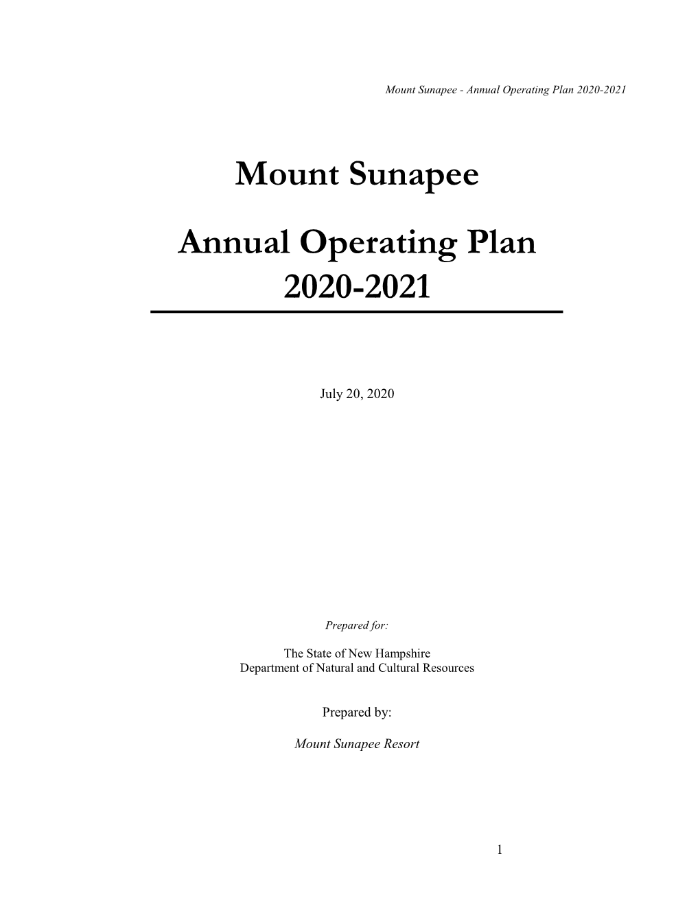 Mount Sunapee Annual Operating Plan