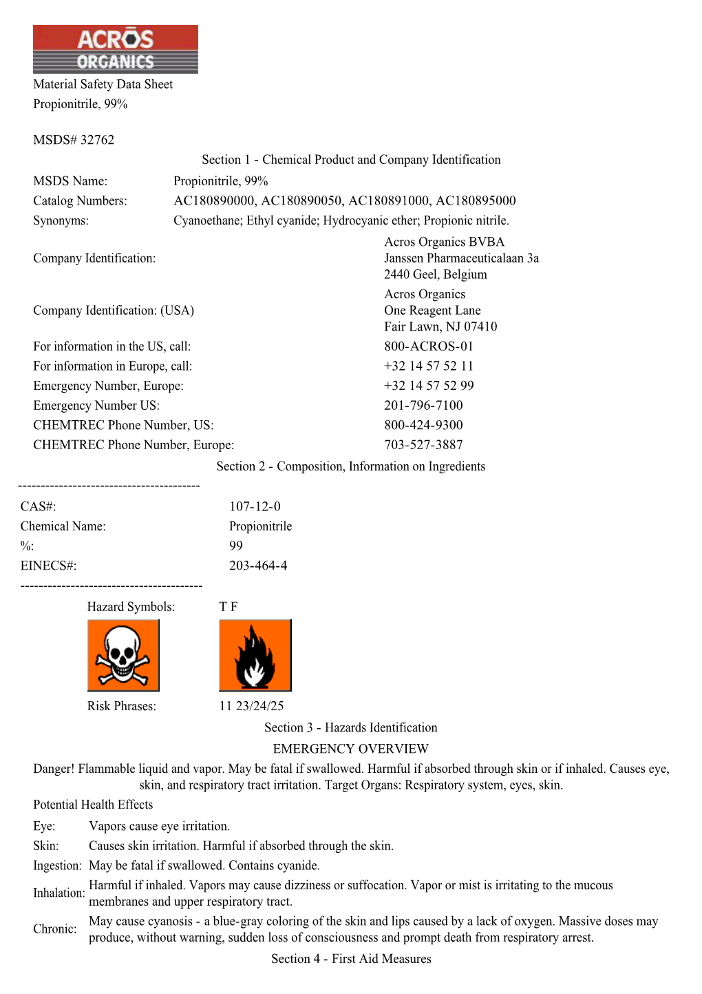 Material Safety Data Sheet Propionitrile, 99% MSDS