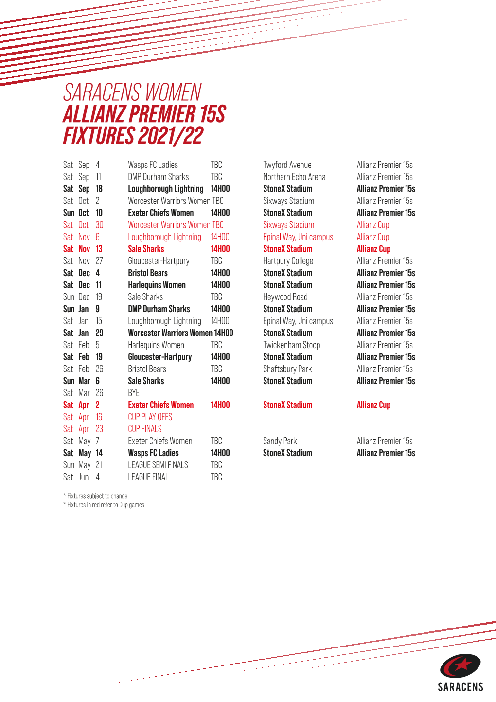 Saracens Women Fixtures 2122