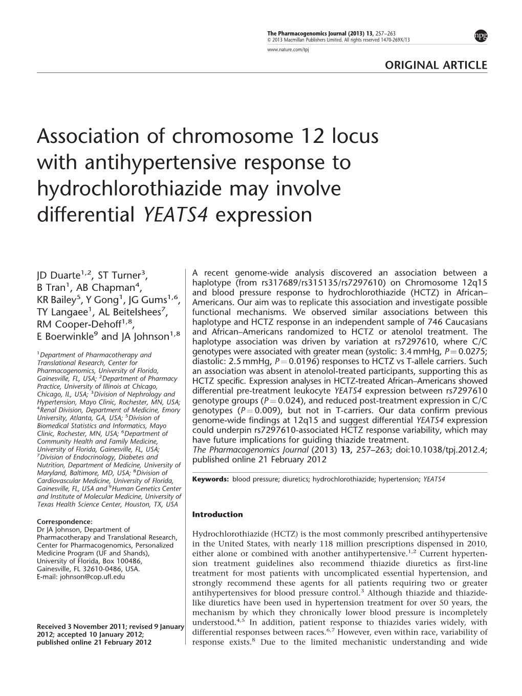 Association of Chromosome 12 Locus with Antihypertensive Response to Hydrochlorothiazide May Involve Differential YEATS4 Expression