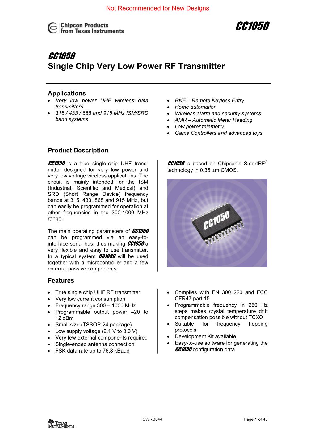 Single-Chip Very Low Power RF Transmitter Datasheet