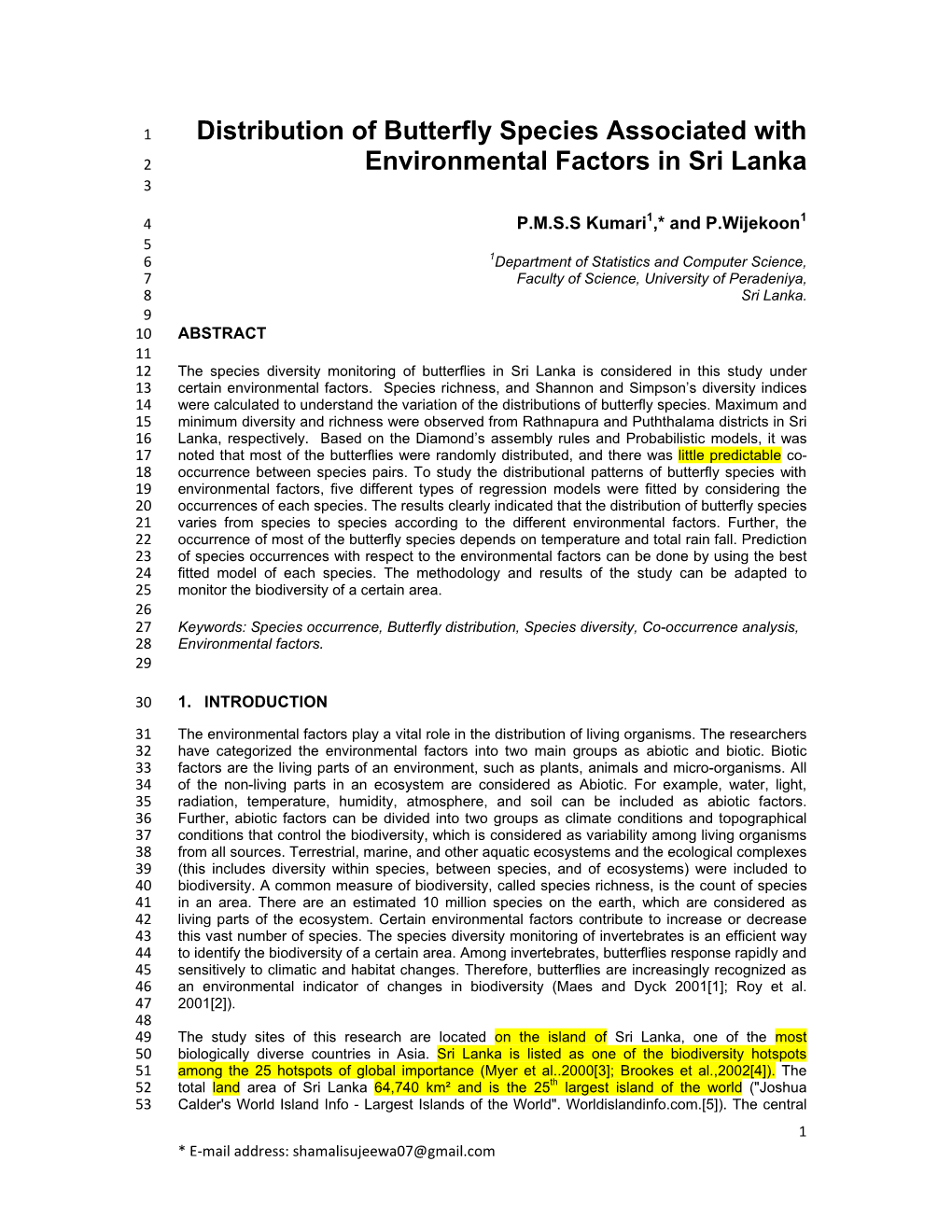 Distribution of Butterfly Species Associated with Environmental