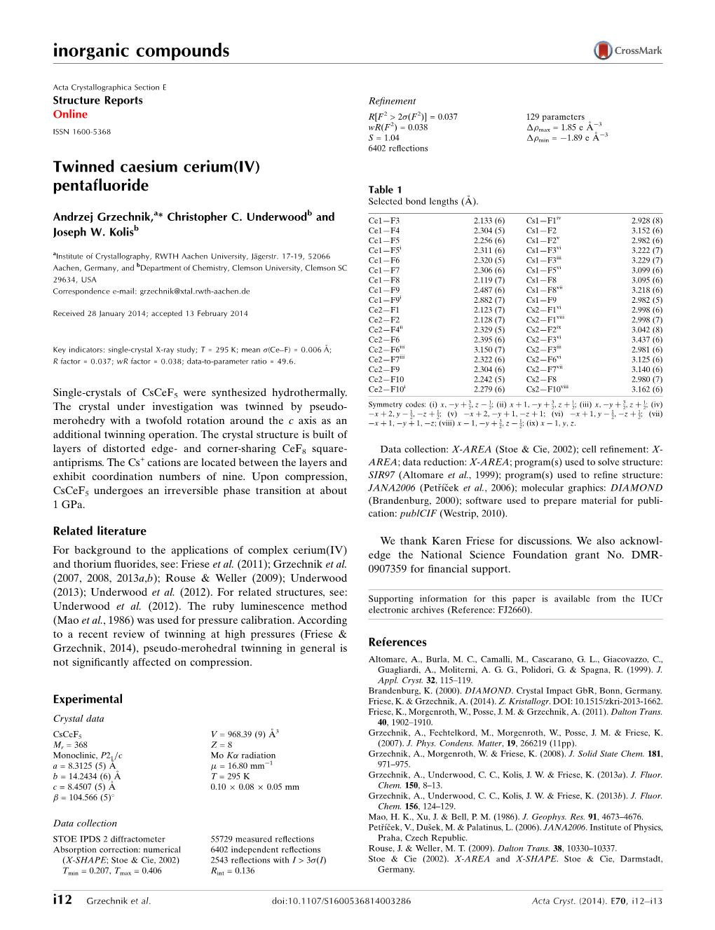 Twinned Caesium Cerium(IV) Pentafluoride Table 1 Selected Bond Lengths (A˚ )