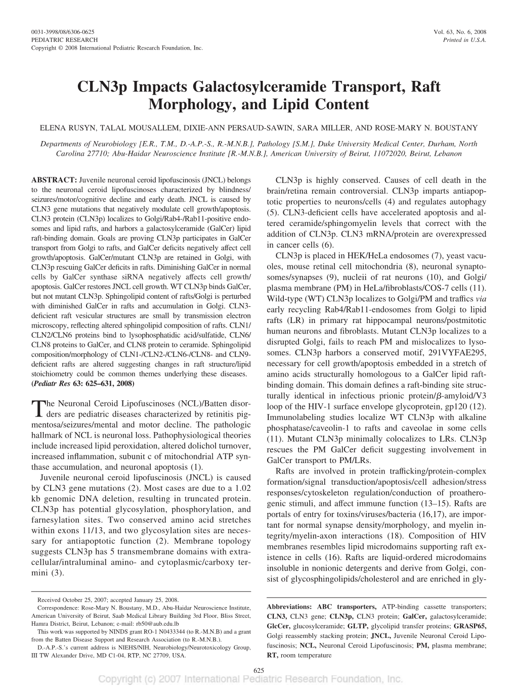 Cln3p Impacts Galactosylceramide Transport, Raft Morphology, and Lipid Content