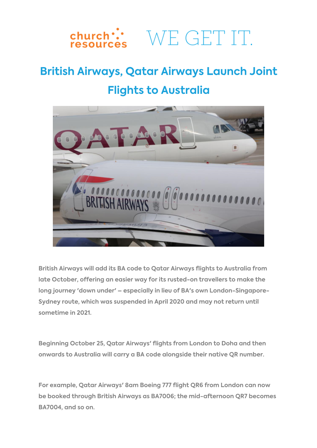 British Airways, Qatar Airways Launch Joint Flights to Australia