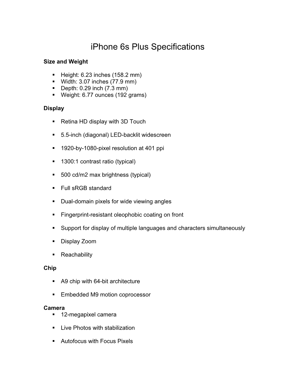 Iphone 6S Plus Specifications