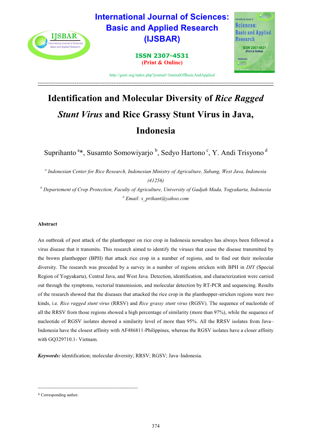 Identification and Molecular Diversity of Rice Ragged Stunt Virus and Rice Grassy Stunt Virus in Java, Indonesia