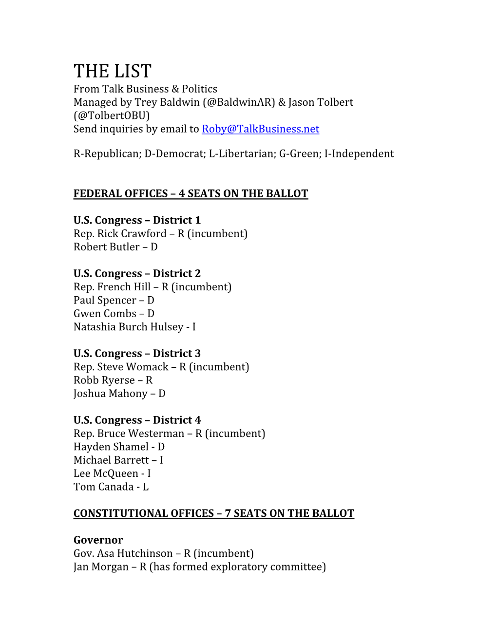 THE LIST from Talk Business & Politics Managed by Trey Baldwin (@Baldwinar) & Jason Tolbert (@Tolbertobu) Send Inquiries by Email to Roby@Talkbusiness.Net