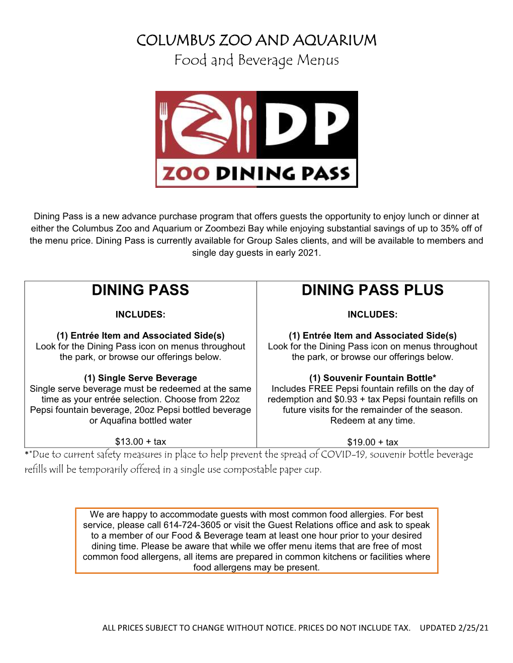 COLUMBUS ZOO and AQUARIUM Food and Beverage Menus DINING