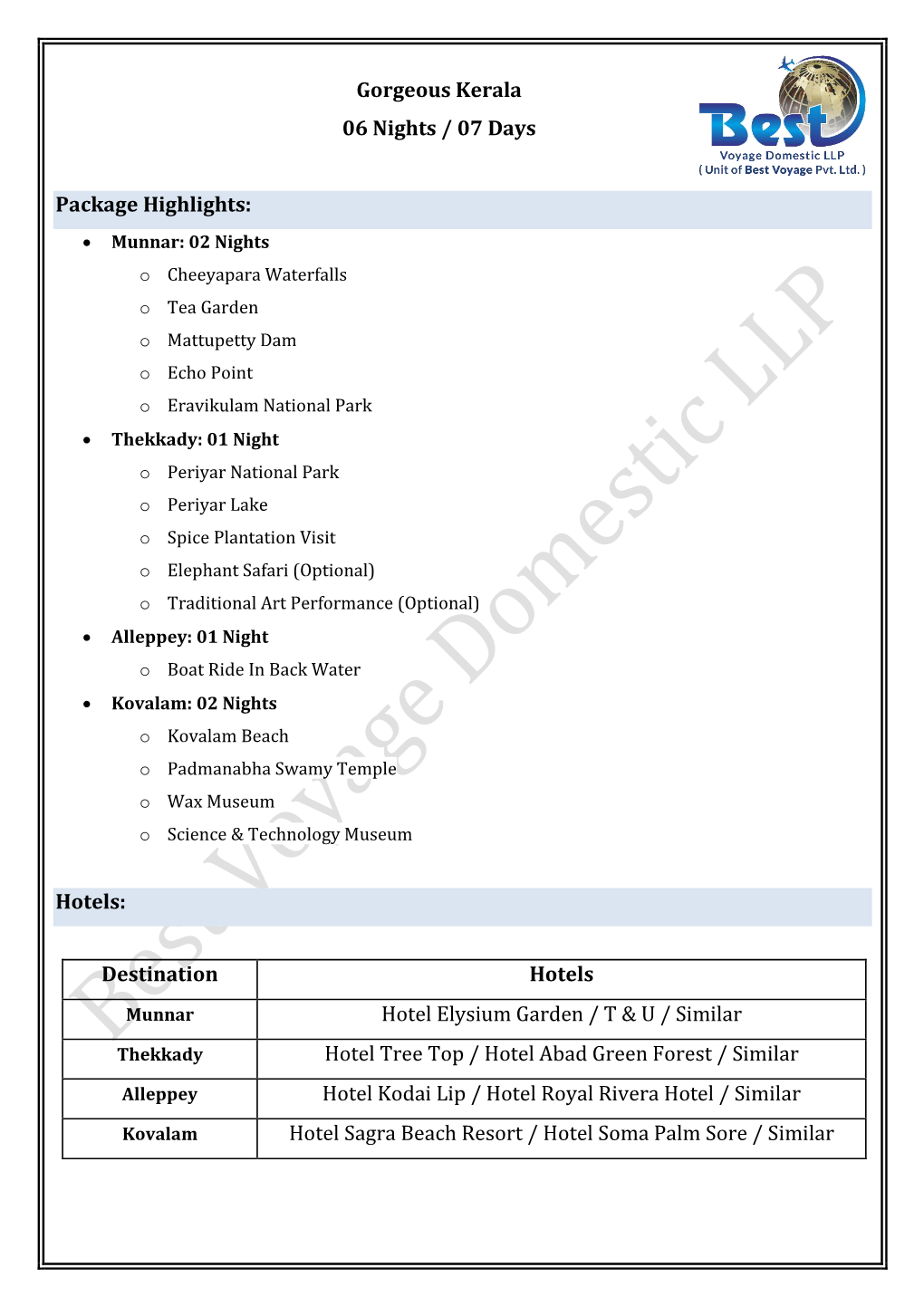 Gorgeous Kerala 06 Nights / 07 Days Package Highlights