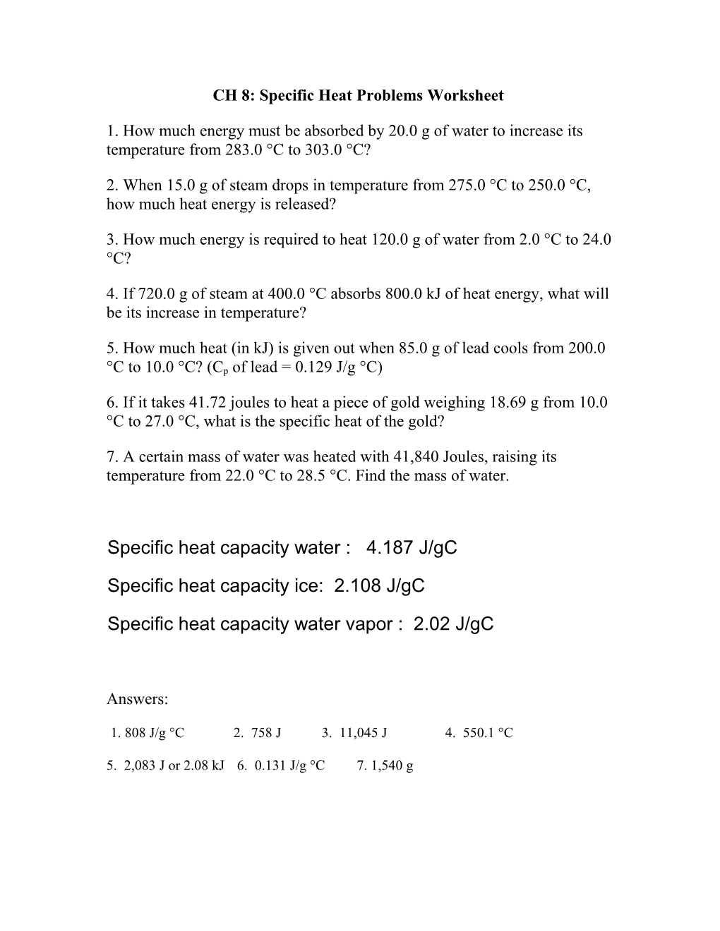 Thermochemistry Problems - Worksheet Number One s1