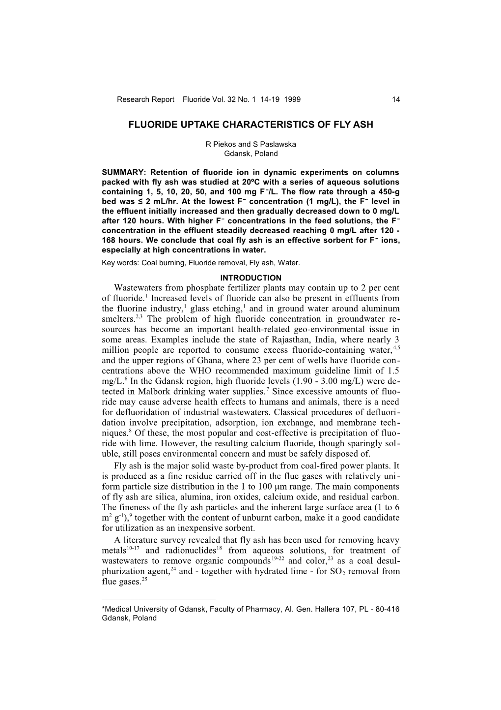 Fluoride Uptake Characteristics Of Fly Ash