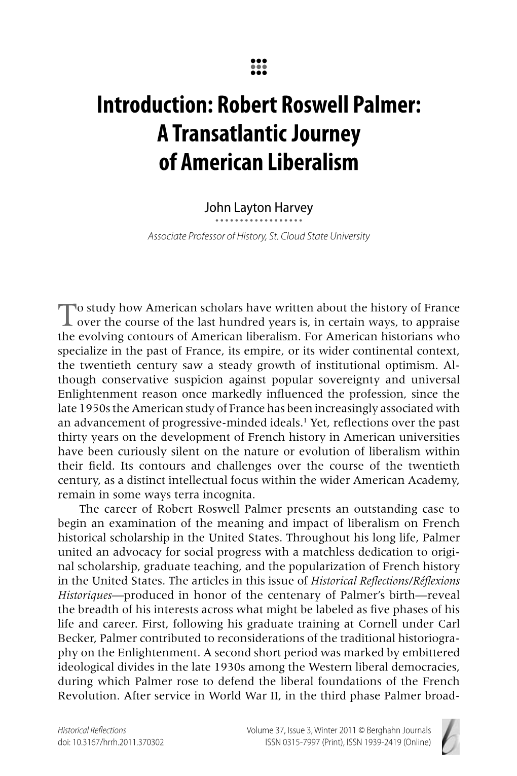 Introduction: Robert Roswell Palmer: a Transatlantic Journey of American Liberalism