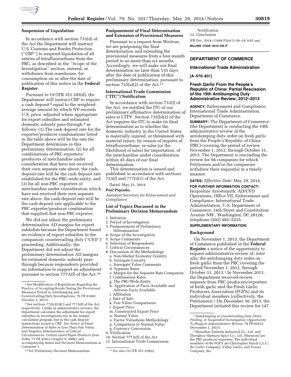 Federal Register/Vol. 79, No. 103/Thursday, May 29, 2014/Notices