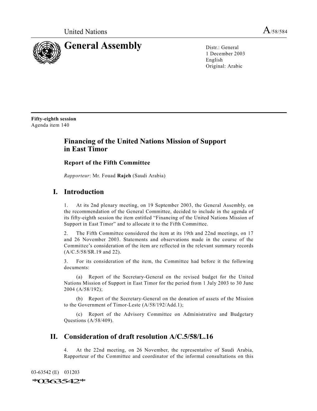 General Assembly Distr.: General 1 December 2003 English