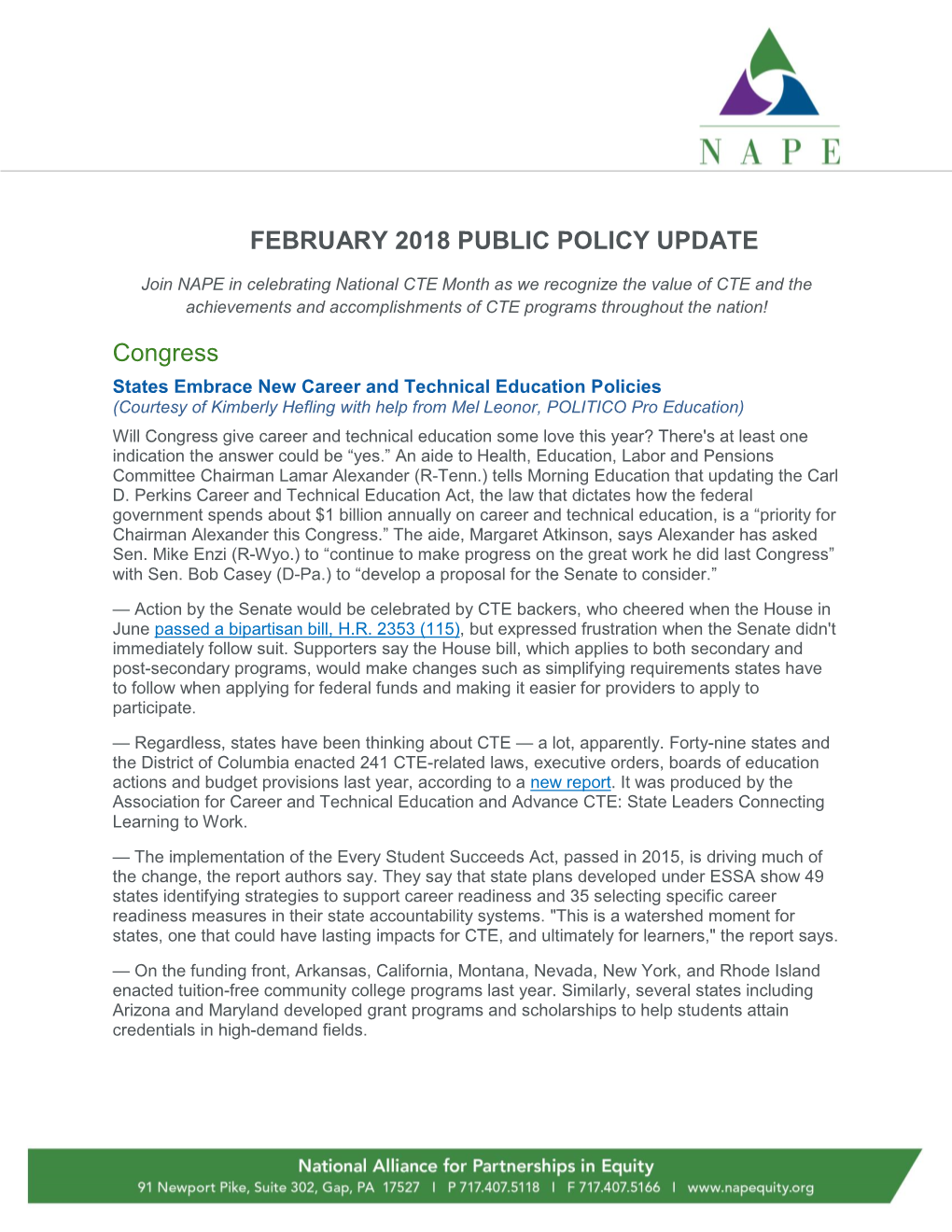 FEBRUARY 2018 PUBLIC POLICY UPDATE Congress