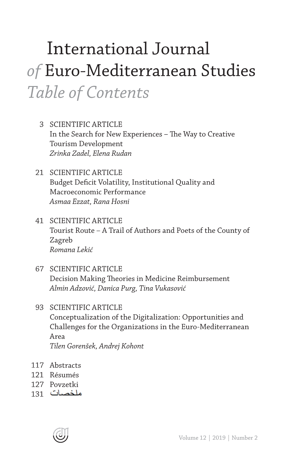 International Journal of Euro-Mediterranean Studies Table of Contents