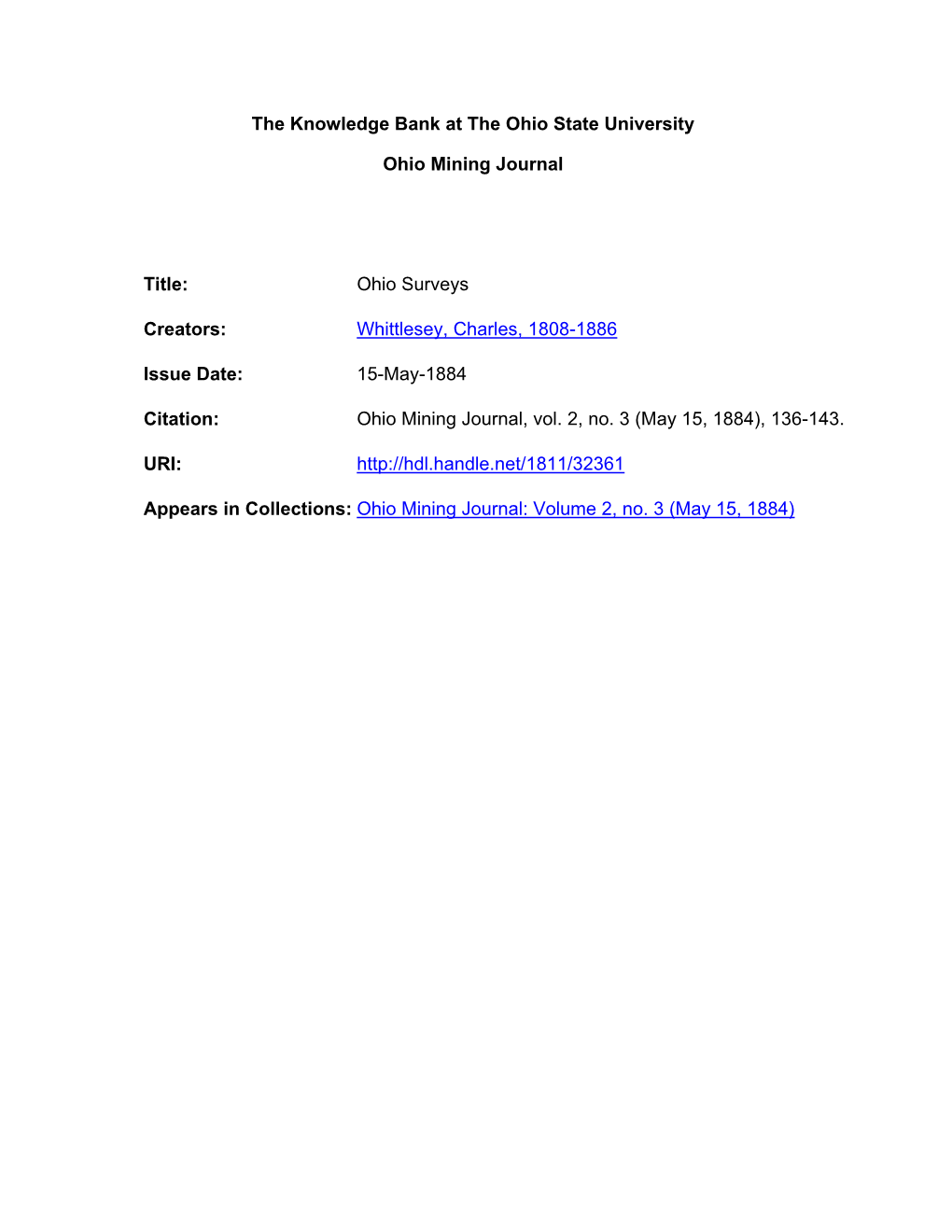 The Knowledge Bank at the Ohio State University Ohio Mining Journal Title: Ohio Surveys Creators: Whittlesey, Charles, 1808-18