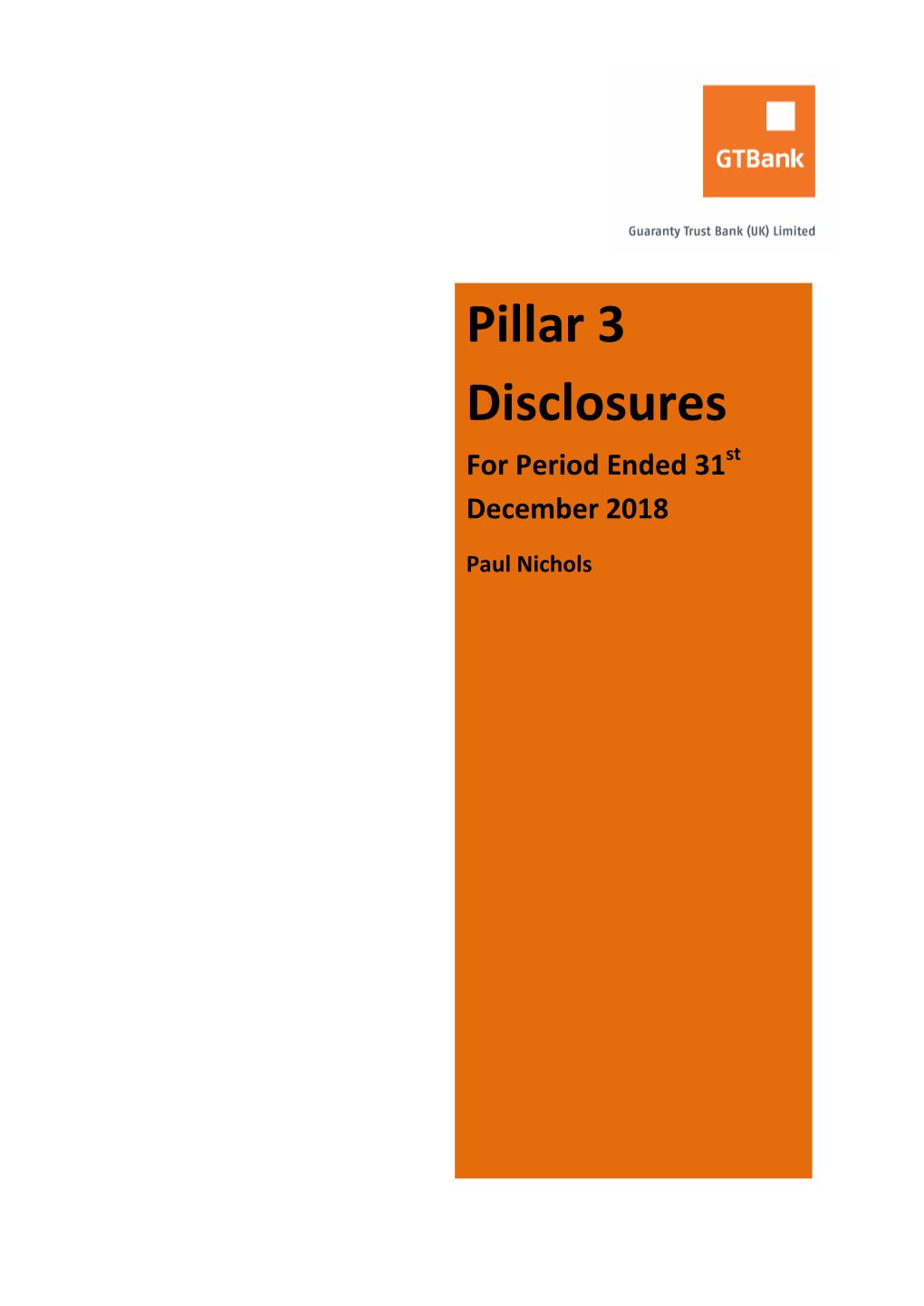 Pillar 3 Disclosures for Period Ended 31St December 2018