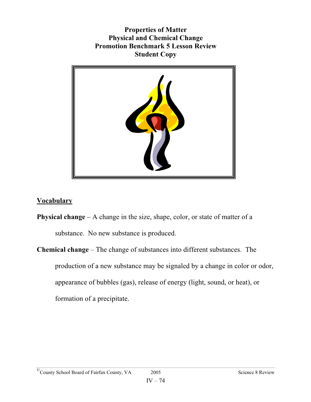 Properties of Matter Physical and Chemical Change Promotion Benchmark 5 Lesson Review Student Copy