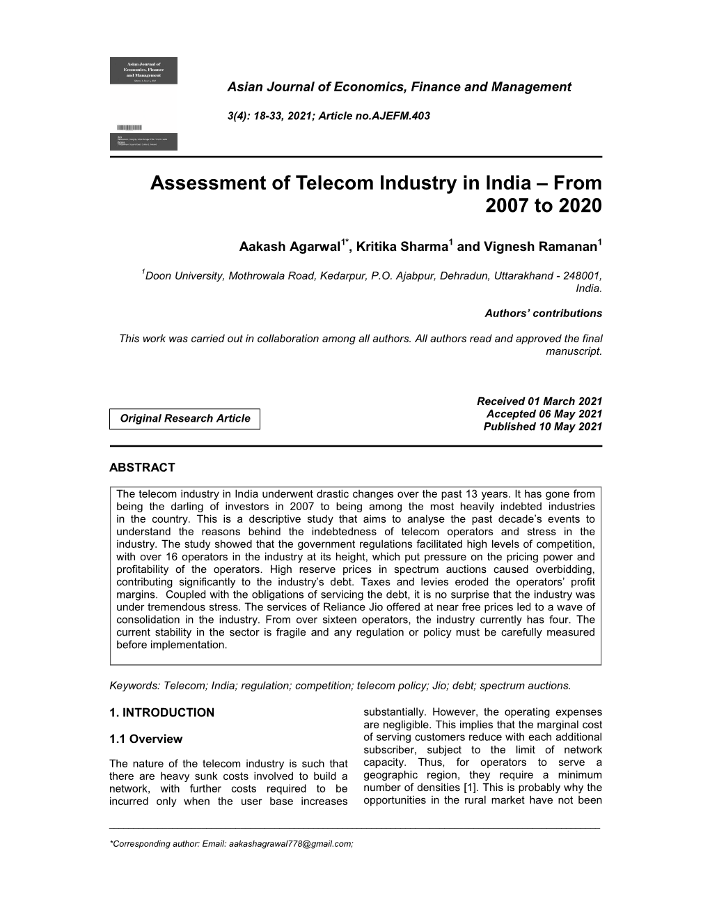 Assessment of Telecom Industry in India – from 2007 to 2020