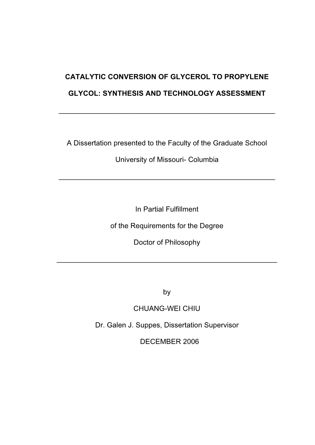 Catalytic Conversion of Glycerol to Propylene