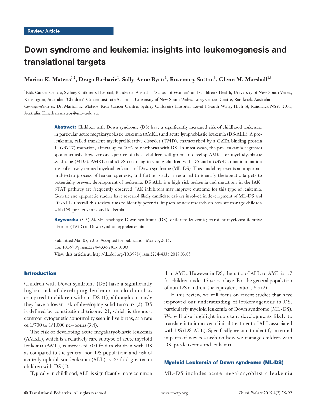 Down Syndrome and Leukemia: Insights Into Leukemogenesis and Translational Targets