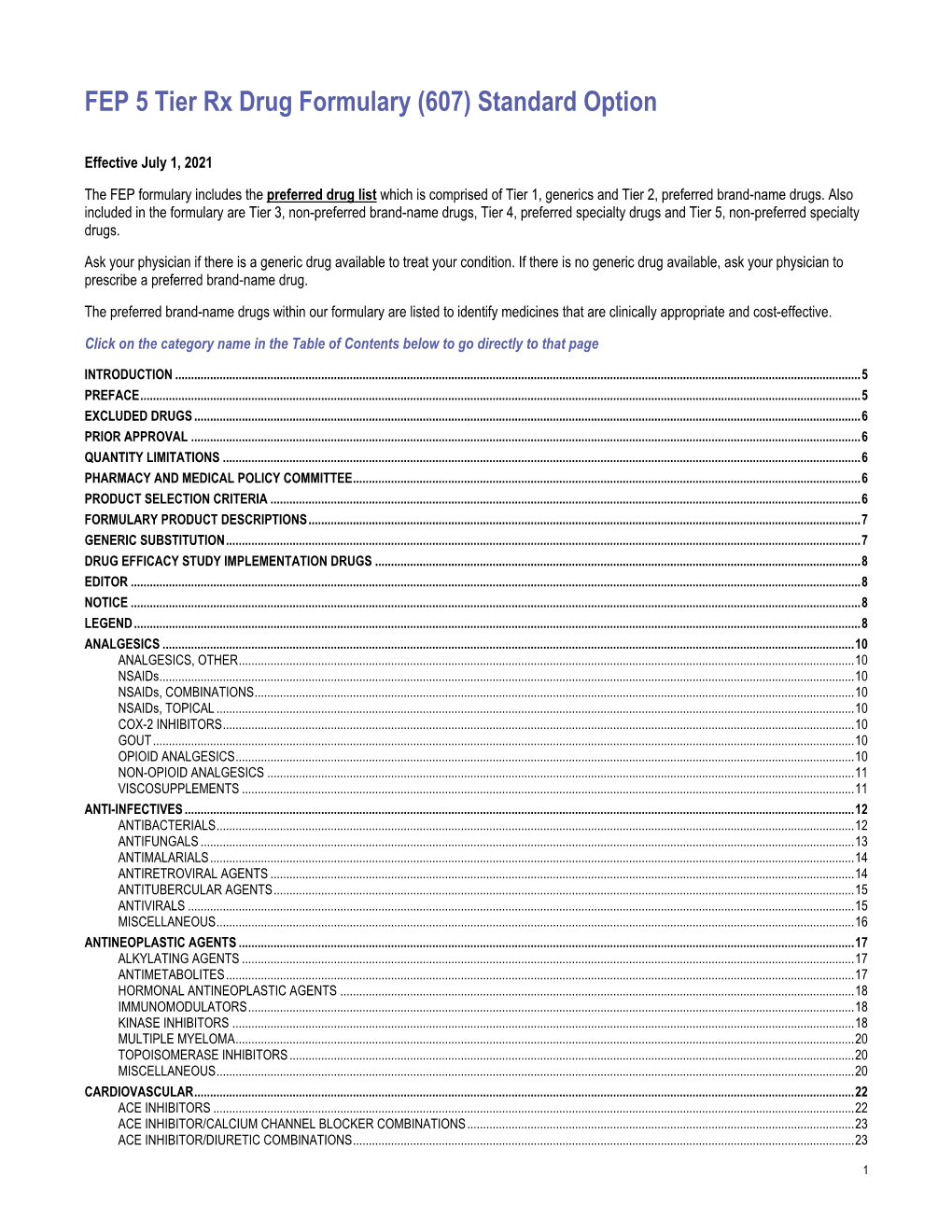 FEP 5 Tier Rx Drug Formulary (607) Standard Option