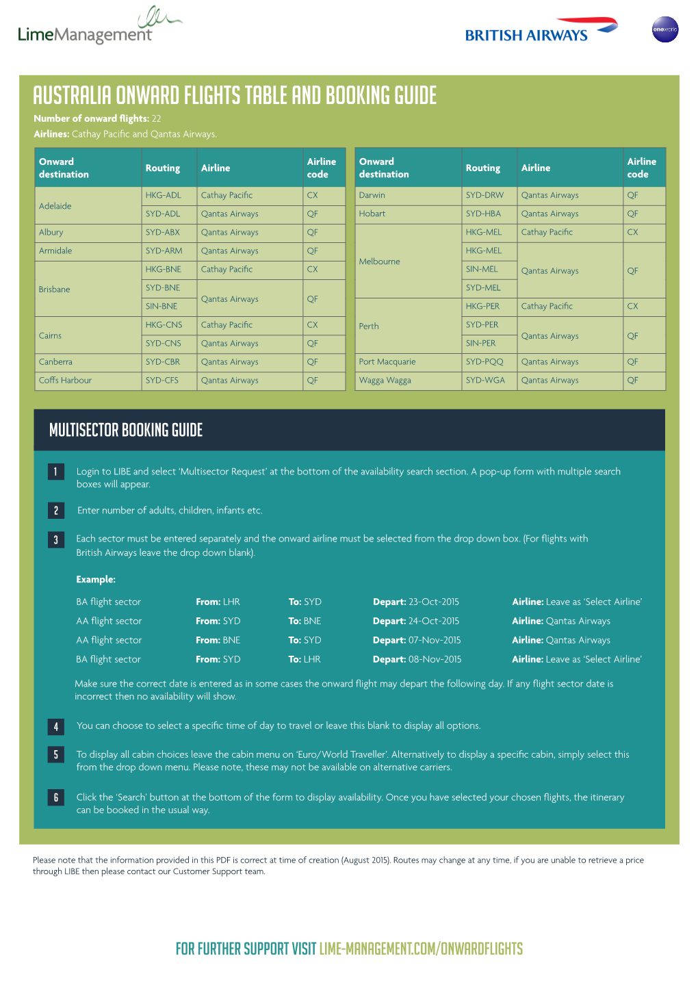 AUSTRALIA ONWARD FLIGHTS TABLE and BOOKING GUIDE Number of Onward Flights:22 Airlines: Cathay Pacific and Qantas Airways