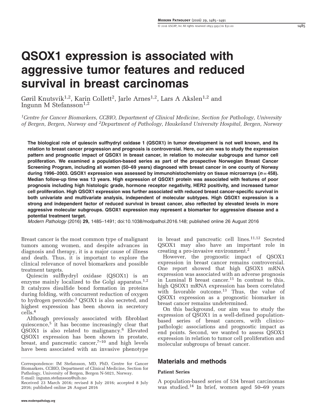 QSOX1 Expression Is Associated with Aggressive Tumor Features and Reduced Survival in Breast Carcinomas