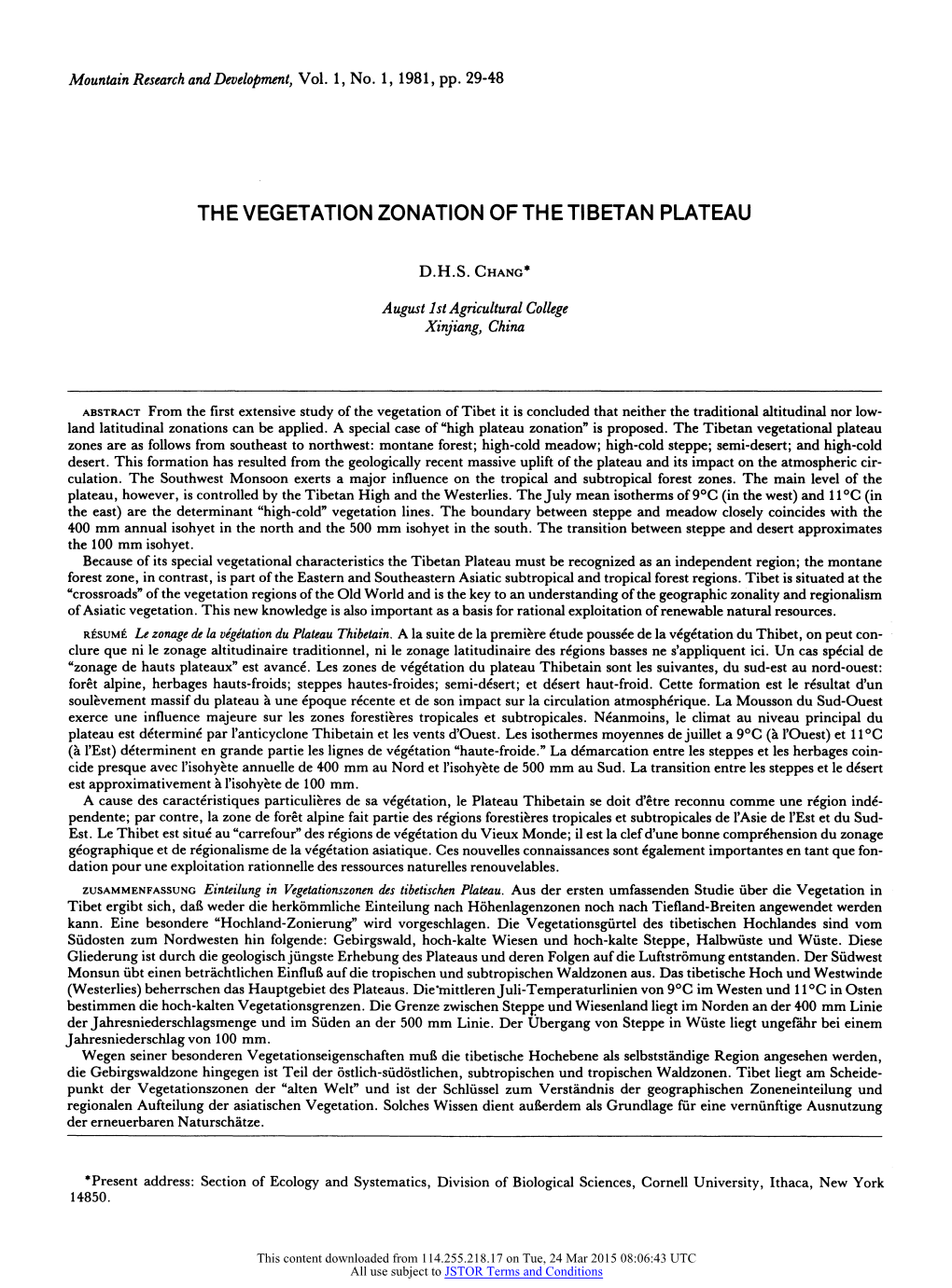 The Vegetation Zonation of the Tibetan Plateau