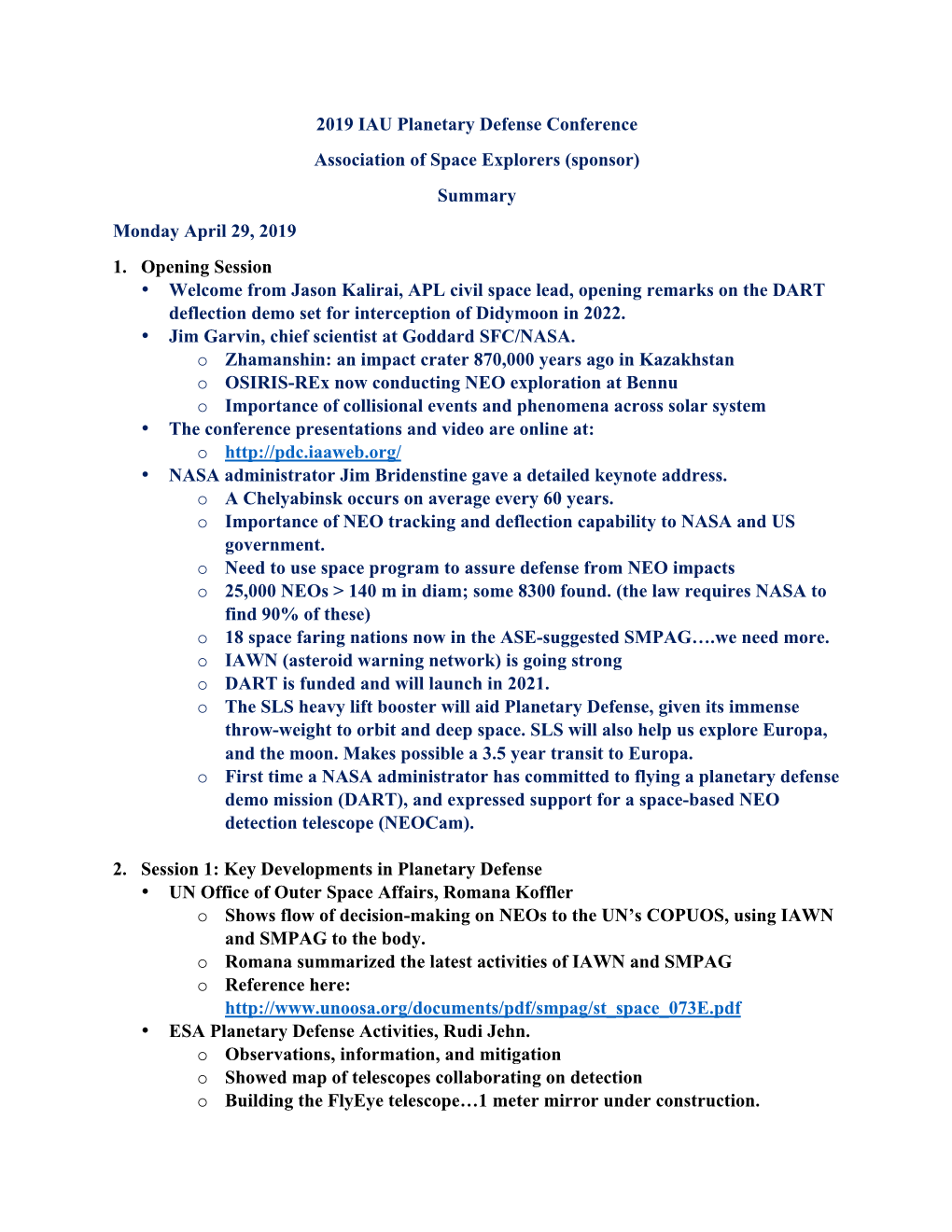 Summary--Jones--ASE 2019 IAU Planetary Defense Conference