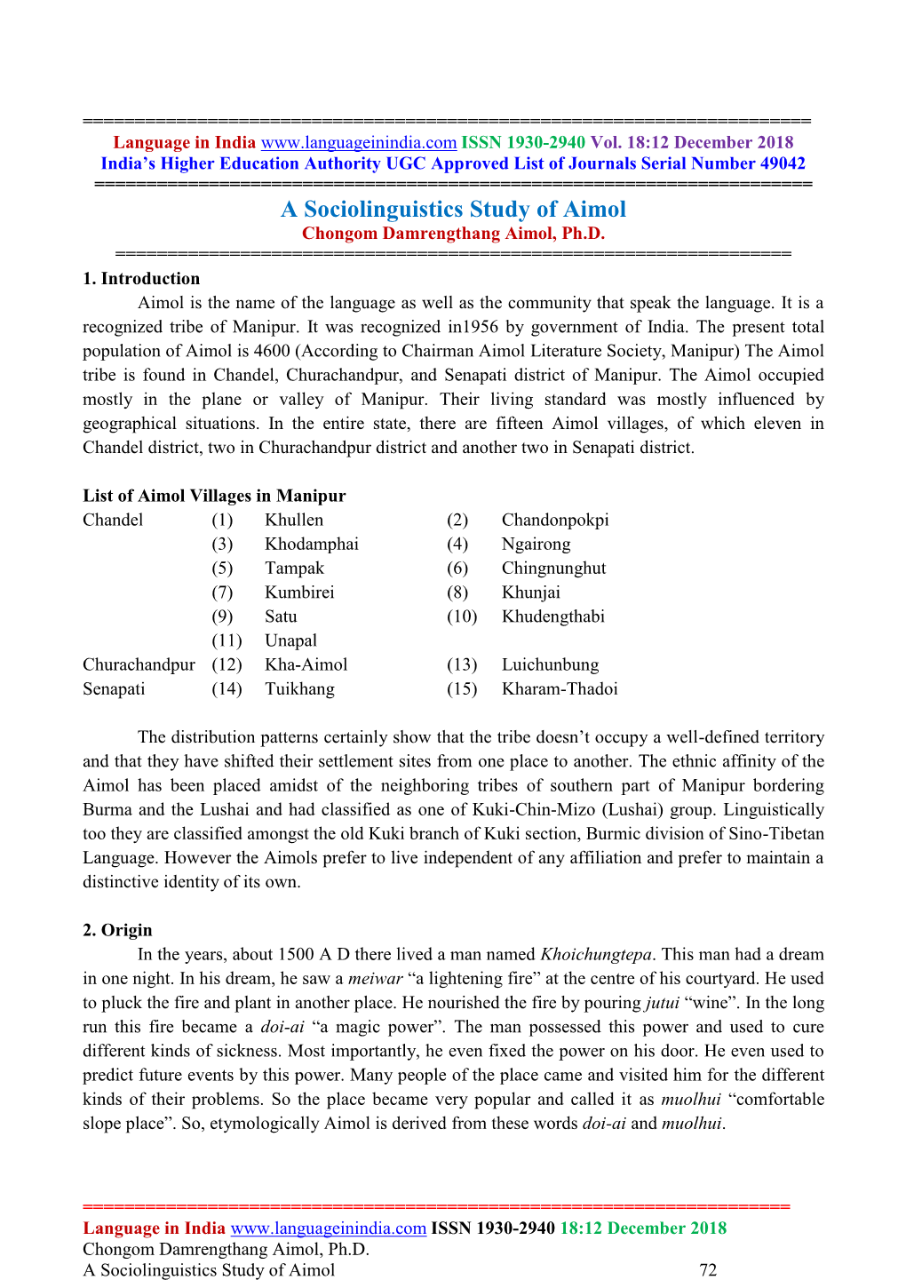 A Sociolinguistics Study of Aimol Chongom Damrengthang Aimol, Ph.D