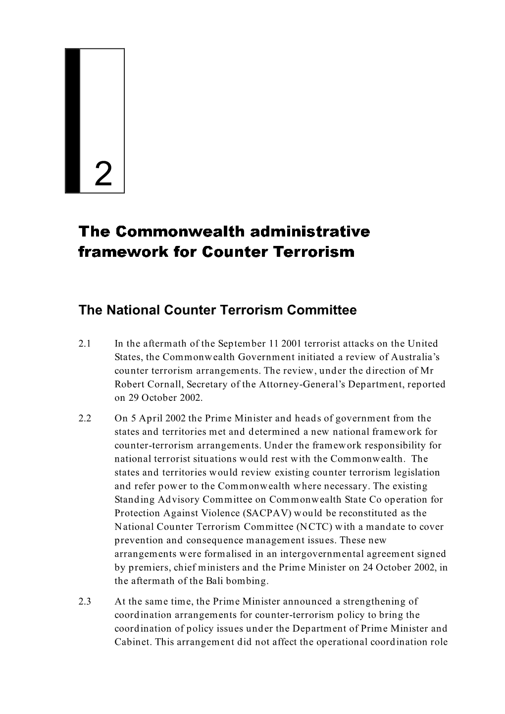 Chapter 2: the Commonwealth Administrative Framework for Counter Terrorism