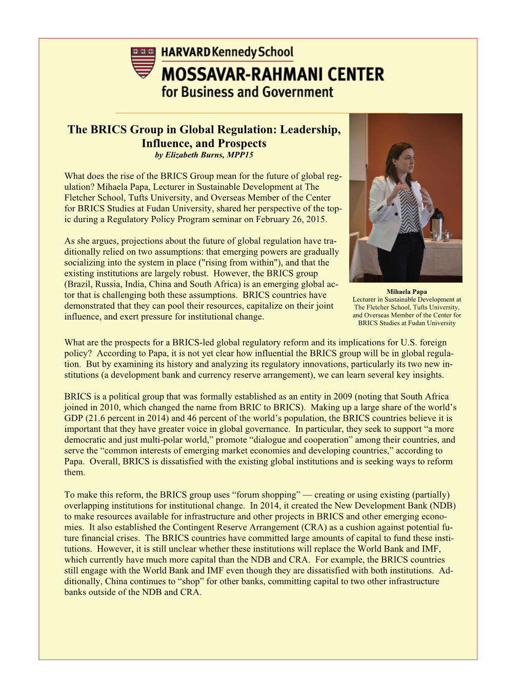 The BRICS Group in Global Regulation: Leadership, Influence, and Prospects by Elizabeth Burns, MPP15