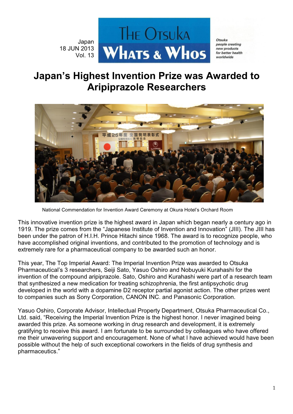 Japan's Highest Invention Prize Was Awarded to Aripiprazole Researchers