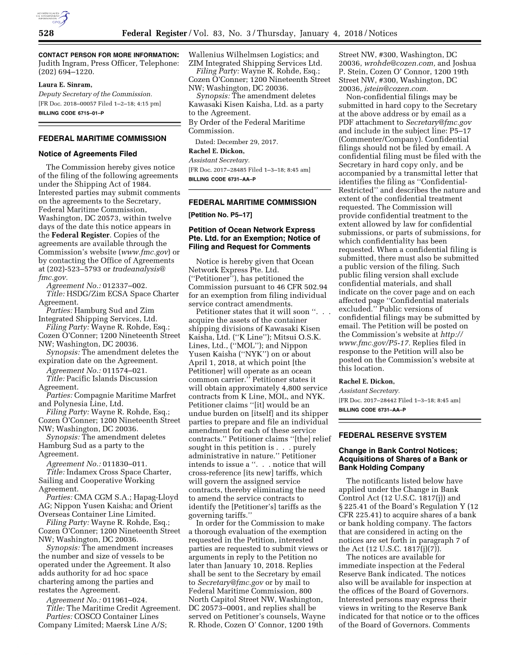 Federal Register/Vol. 83, No. 3/Thursday, January 4, 2018/Notices