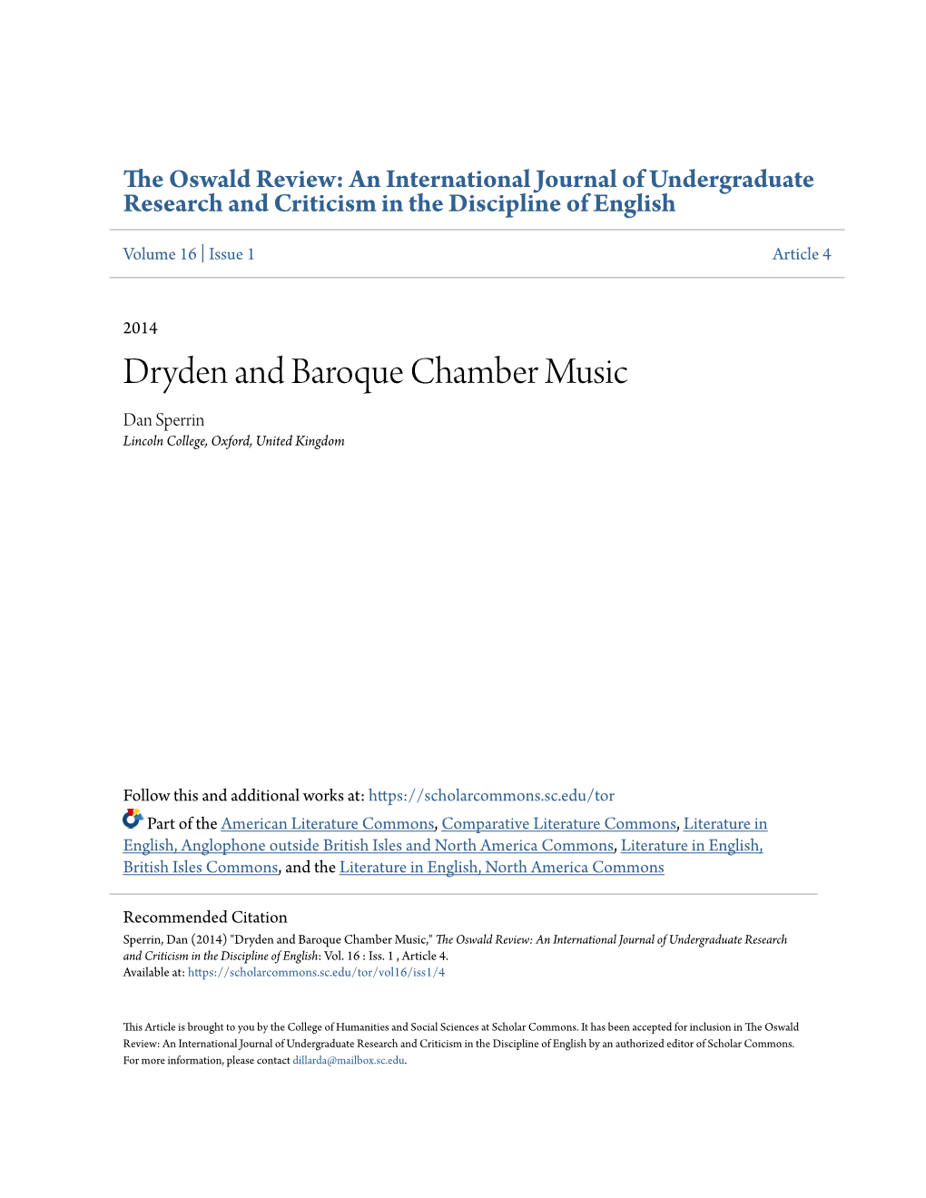 Dryden and Baroque Chamber Music Dan Sperrin Lincoln College, Oxford, United Kingdom