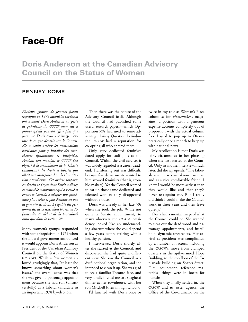 Face-Off Doris Anderson at the Canadian Advisory Council on The