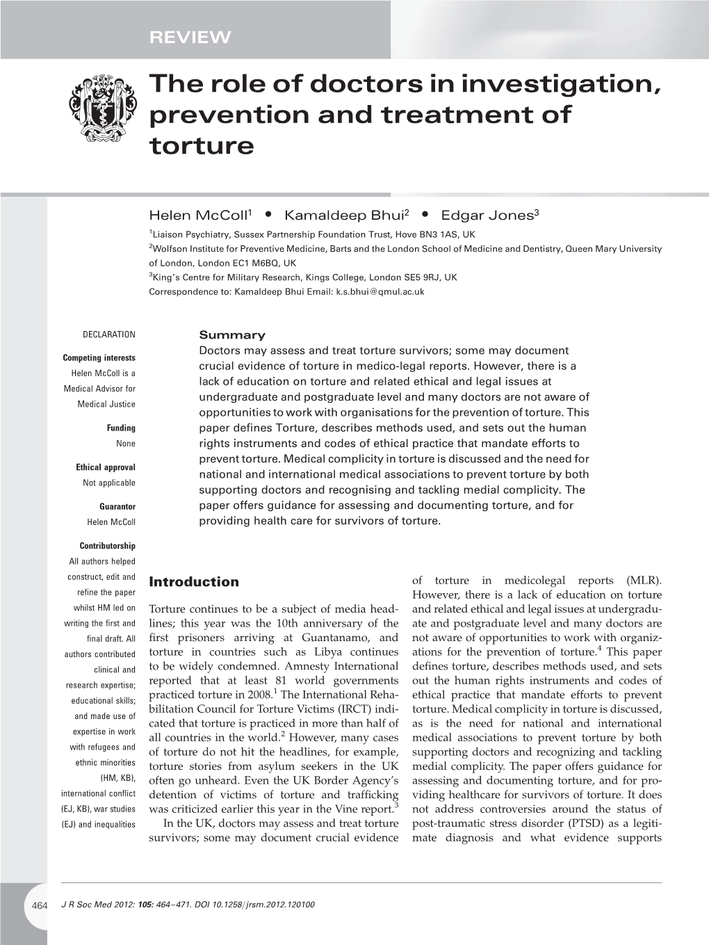 The Role of Doctors in Investigation, Prevention and Treatment of Torture